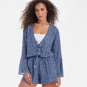Bar III Women's On The Prowl Long Sleeve Lace-Up Romper Swim Cover-Up